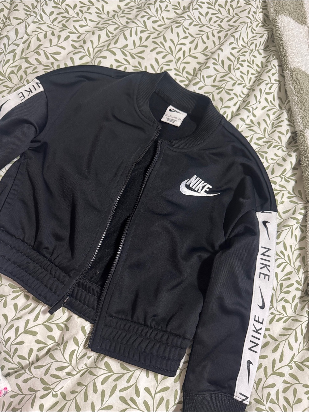 Nike Black Girl's Logo Track Bomber Jacket with White Sleeve Tape